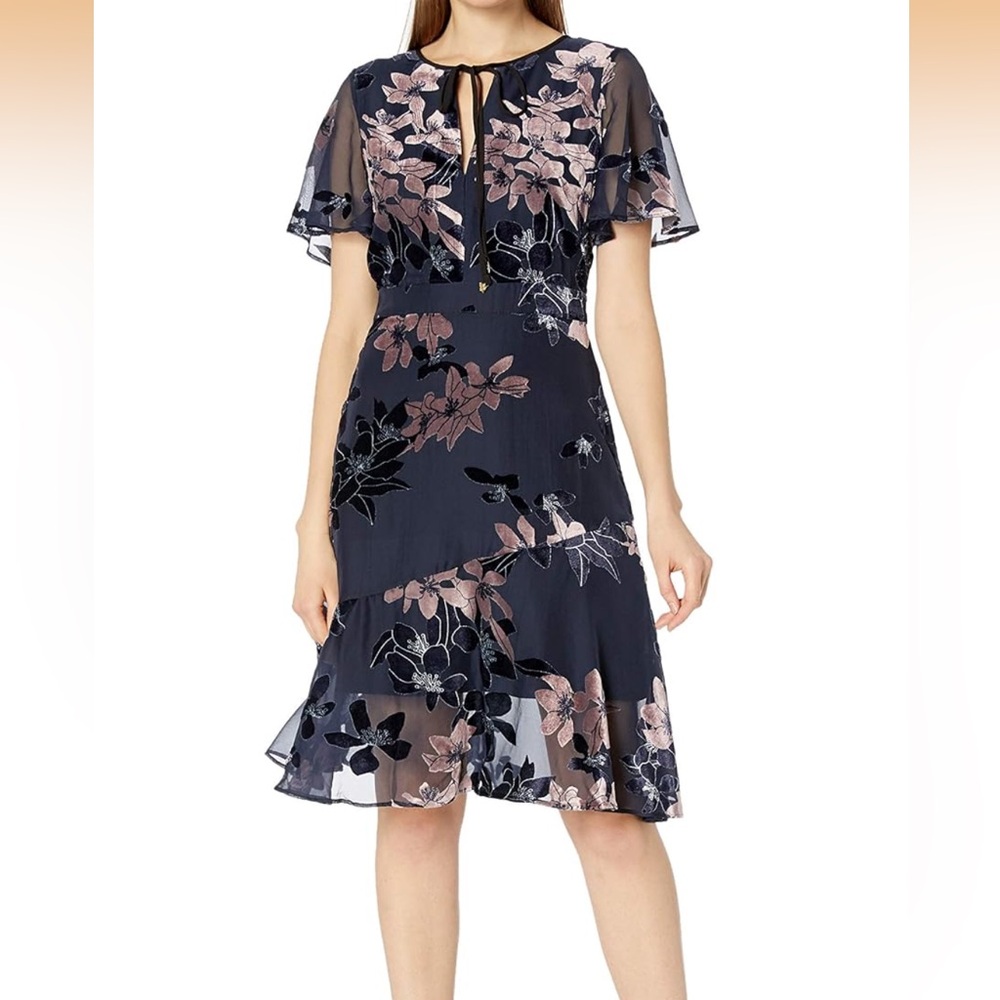 Sam Edelman Floral Burnout Dress Navy Pink Velvet V-Neck Fit & Flare Size 8